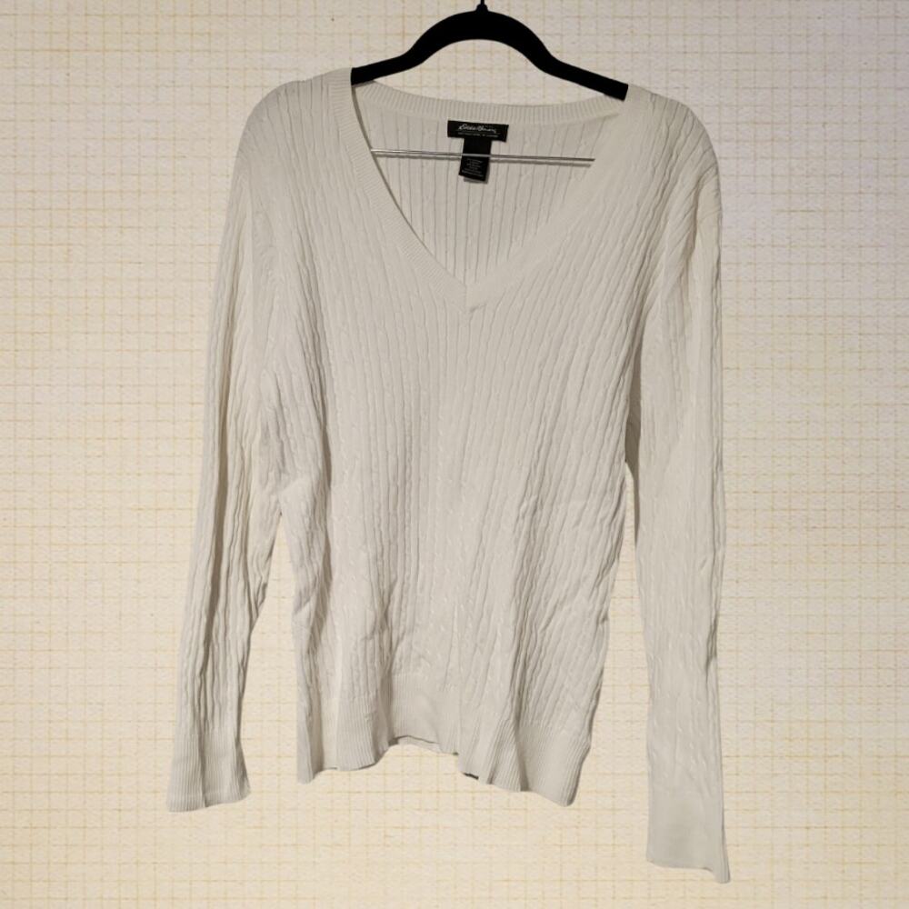 Classic Cable Knit Sweater Eddie Bauer Cotton Blend V Neck White Large Laced Rib